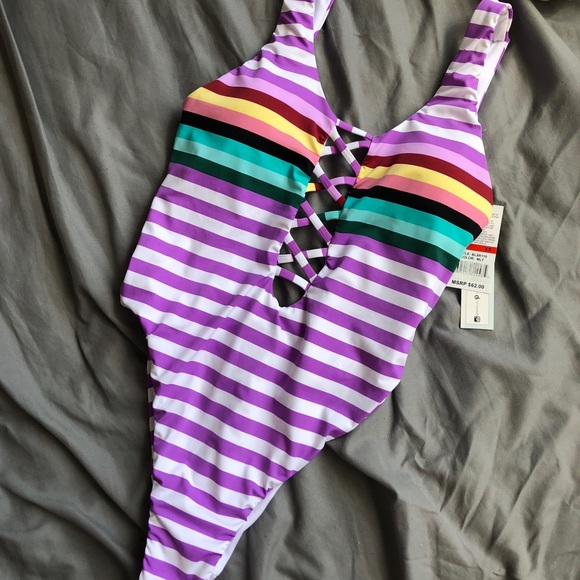 NWT Bikini Lab Swimsuit Stripeout Plunge One Piece - Picture 4 of 6